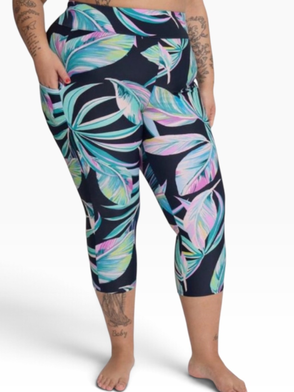 torrid Pretty Leaves Print Navy Capri Swim Leggings 6X NEW